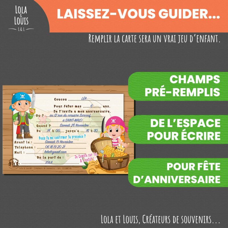 Invitation anniversaire pirate garçon – 8 cartes et enveloppes – Lola & Louis - Verso