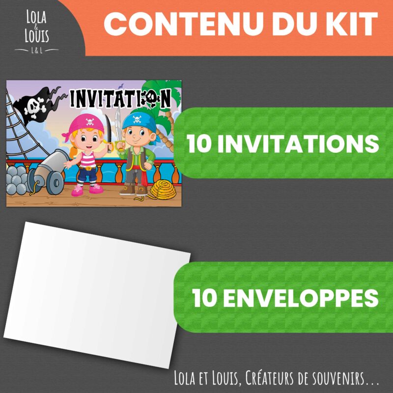 Invitation anniversaire pirate garçon – 8 cartes et enveloppes – Lola & Louis - Contenu du kit