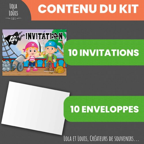 Invitation anniversaire pirate garçon – 8 cartes et enveloppes – Lola & Louis - Contenu du kit