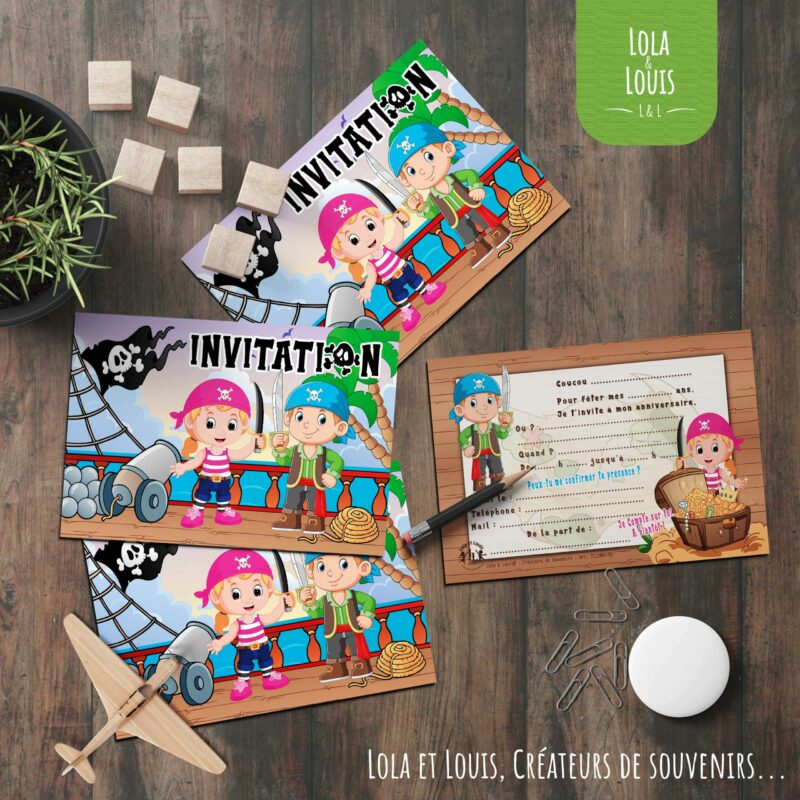 Invitation anniversaire pirate garçon – 8 cartes et enveloppes – Lola & Louis