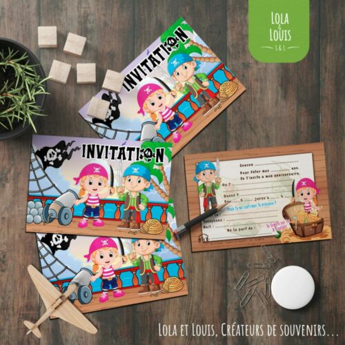 Invitation anniversaire pirate garçon – 8 cartes et enveloppes – Lola & Louis