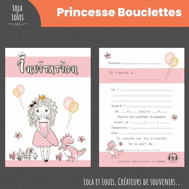 Invitation fille princesse avec bébé dinosaure – 8 cartes et enveloppes – Lola & Louis - Recto Verso