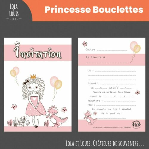 Invitation fille princesse avec bébé dinosaure – 8 cartes et enveloppes – Lola & Louis - Recto Verso