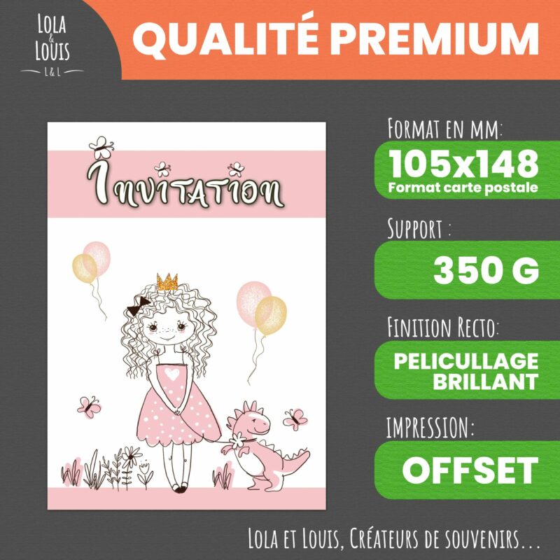 Invitation fille princesse avec bébé dinosaure – 8 cartes et enveloppes – Lola & Louis - Recto