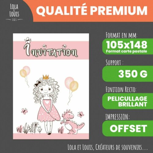 Invitation fille princesse avec bébé dinosaure – 8 cartes et enveloppes – Lola & Louis - Recto