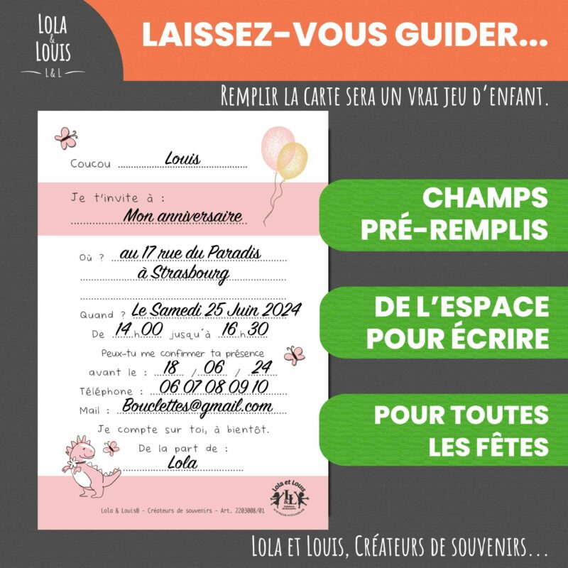 Invitation fille princesse avec bébé dinosaure – 8 cartes et enveloppes – Lola & Louis - Verso