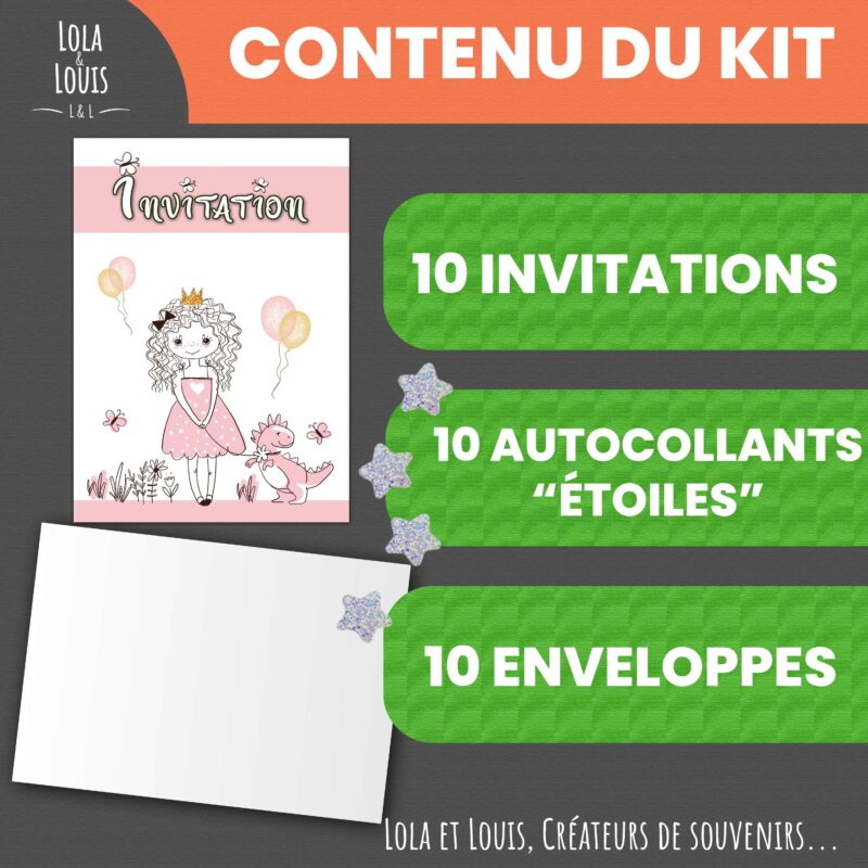 Invitation fille princesse avec bébé dinosaure – 8 cartes et enveloppes – Lola & Louis - Contenu du kit