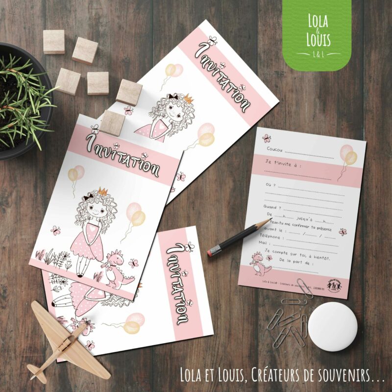 Invitation anniversaire princesse avec bébé dinosaure – 8 cartes et enveloppes – Lola & Louis