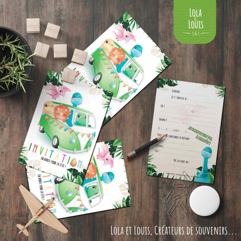 Carte invitation dinosaure enfant en combi – 8 cartes et enveloppes – Lola & Louis