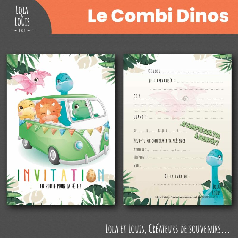 Carte invitation dinosaure enfant en combi – 8 cartes et enveloppes – Lola & Louis - Recto Verso