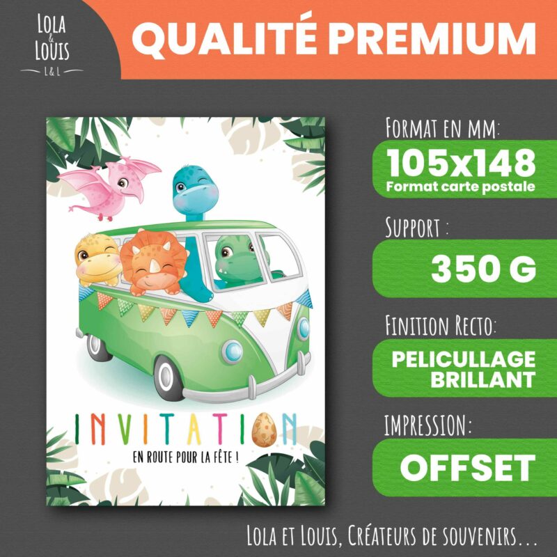 Carte invitation dinosaure enfant en combi – 8 cartes et enveloppes – Lola & Louis - recto