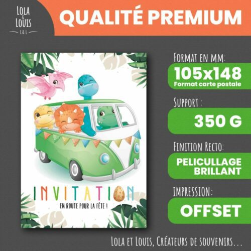 Carte invitation dinosaure enfant en combi – 8 cartes et enveloppes – Lola & Louis - recto