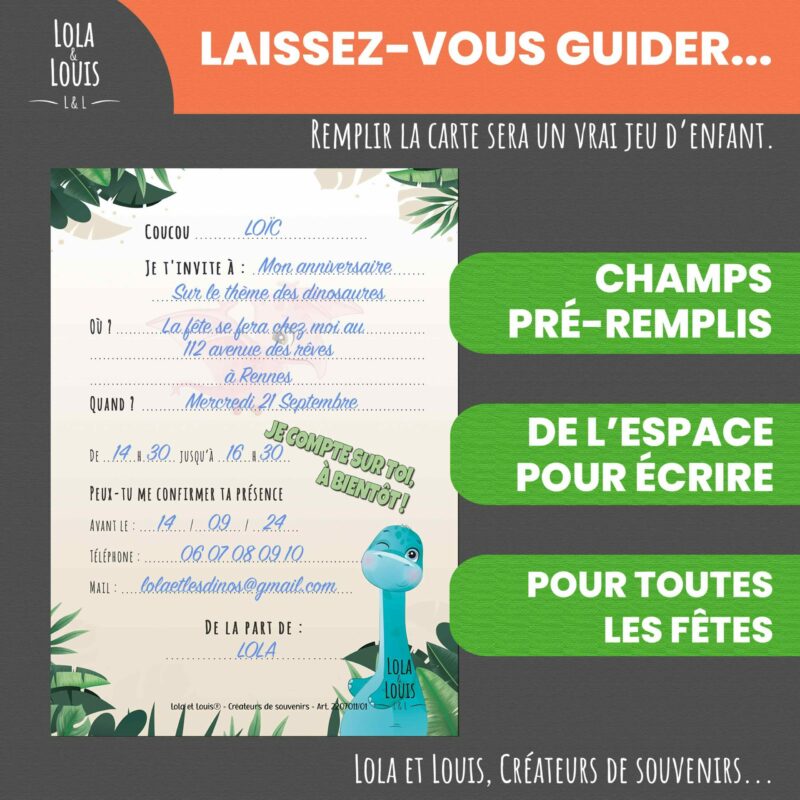 Carte invitation dinosaure enfant en combi – 8 cartes et enveloppes – Lola & Louis - Verso