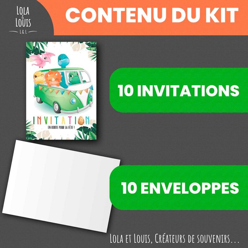Carte invitation dinosaure enfant en combi – 8 cartes et enveloppes – Contenu du kit