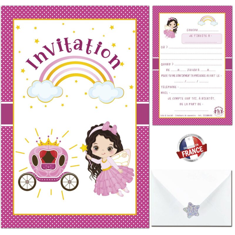 Invitation anniversaire fille princesse arc-en-ciel – 8 cartes et enveloppes – Lola & Louis