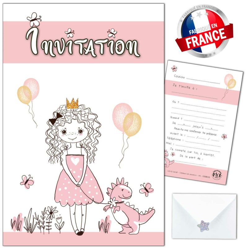 Invitation anniversaire princesse avec bébé dinosaure – 8 cartes et enveloppes – Lola & Louis