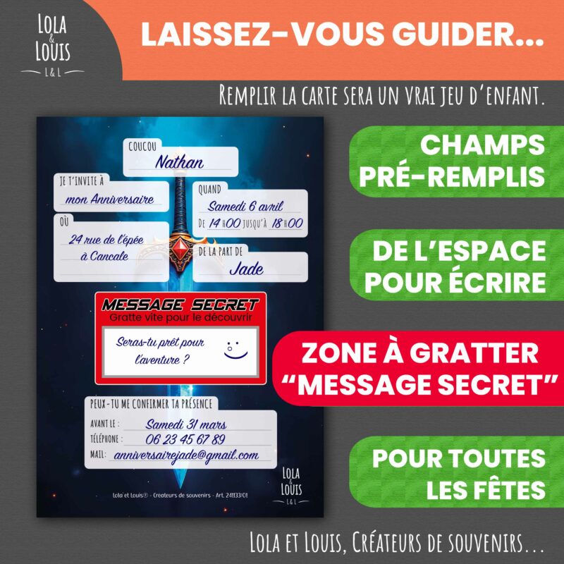 Carte invitation chevalier à gratter – Lola & Louis - Verso