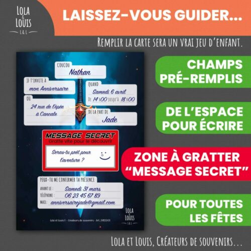 Carte invitation chevalier à gratter – Lola & Louis - Verso