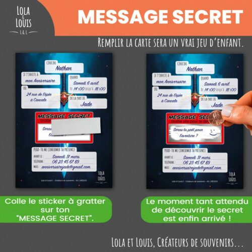 Carte invitation chevalier à gratter – Lola & Louis - Message Secret à Gratter