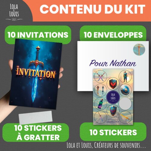 Carte invitation chevalier à gratter – Lola & Louis - Contenu du Kit