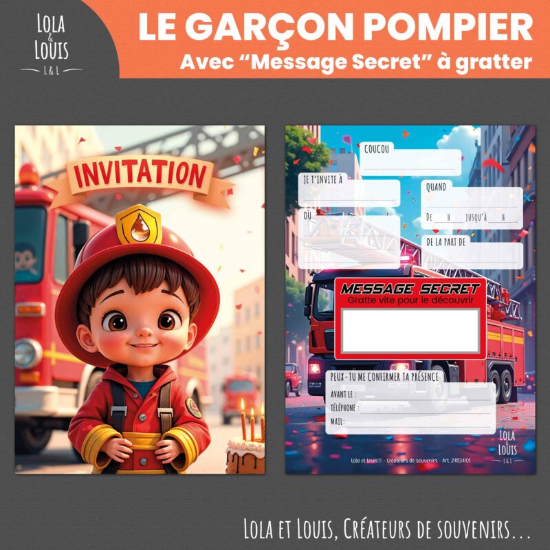 Carte invitation pompier à gratter – Lola & Louis - Recto Verso