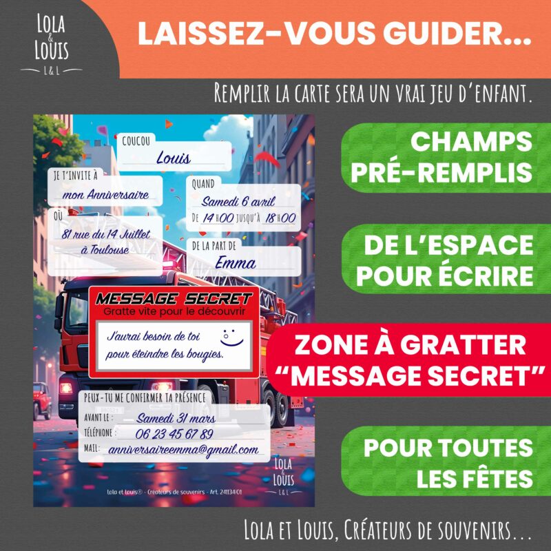 Carte invitation pompier à gratter – Lola & Louis - Verso