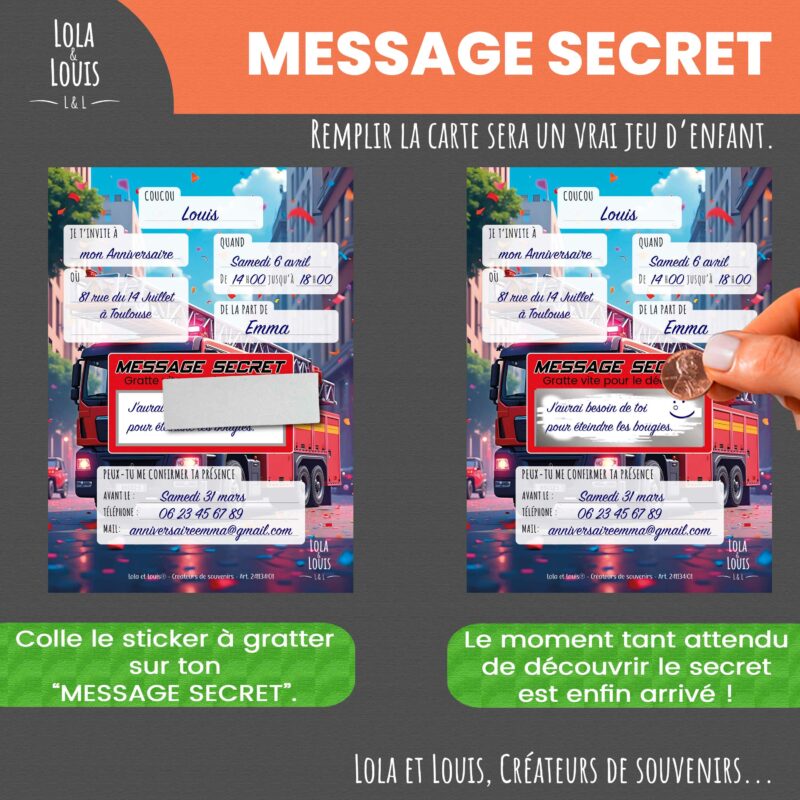 Carte invitation pompier à gratter – Lola & Louis - Message Secret à Gratter