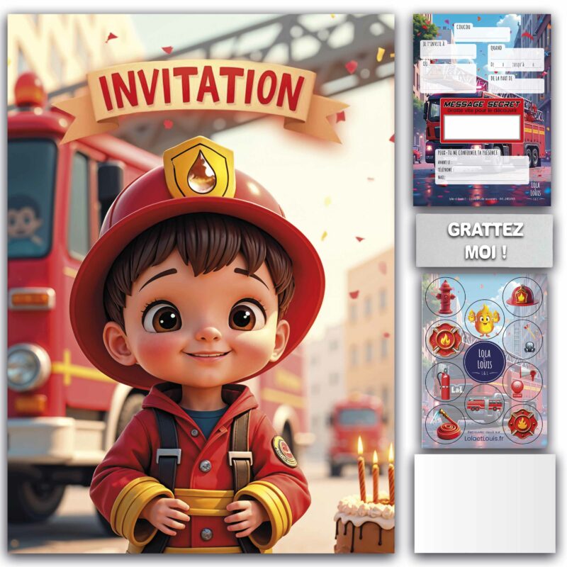 Carte invitation pompier à gratter – Lola & Louis