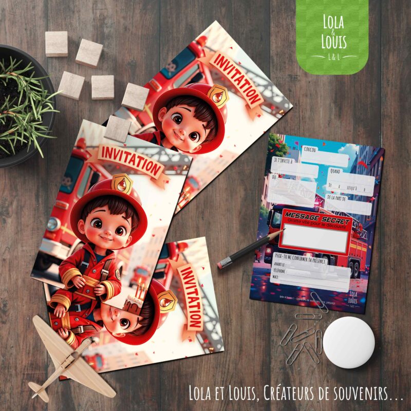 Carte invitation pompier à gratter – Lola & Louis - En situation