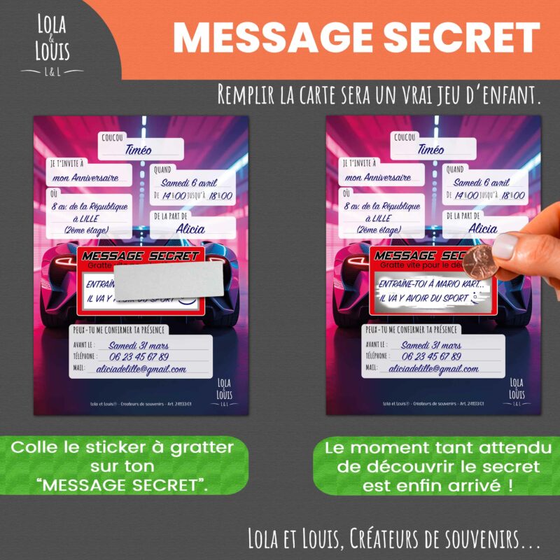 Carte invitation voiture – Lola & Louis - Message Secret à Gratter