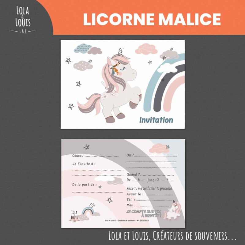 Carte invitation fille licorne malice – Lola & Louis - Recto Verso