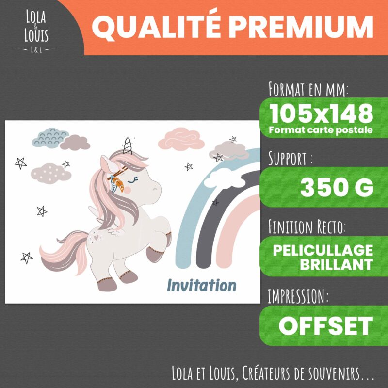 Carte invitation fille licorne malice – Lola & Louis - Recto