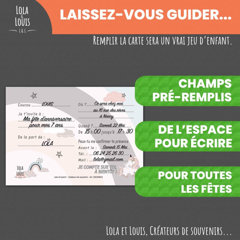 Carte invitation fille licorne malice – Lola & Louis - Verso