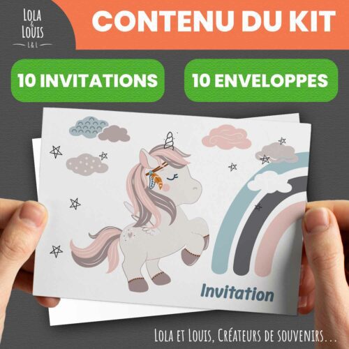 Carte invitation fille licorne malice – Lola & Louis - Contenu du kit