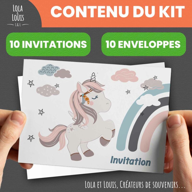 Carte invitation fille licorne malice – Lola & Louis - Contenu du kit
