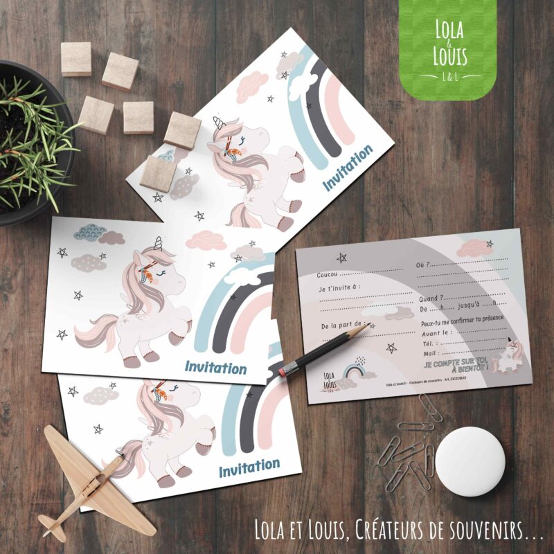 Carte invitation fille licorne malice – Lola & Louis