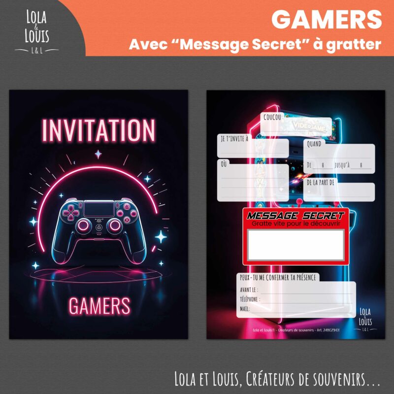 Carte invitation jeux vidéo à gratter – Lola & Louis - Recto Verso