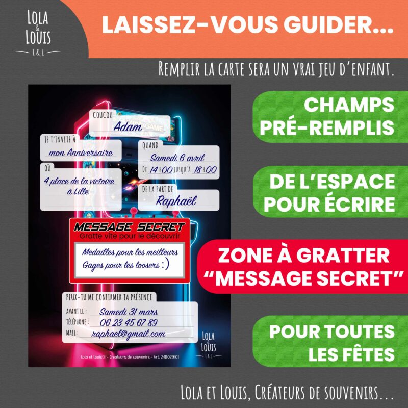 Carte invitation jeux vidéo à gratter – Lola & Louis - Verso