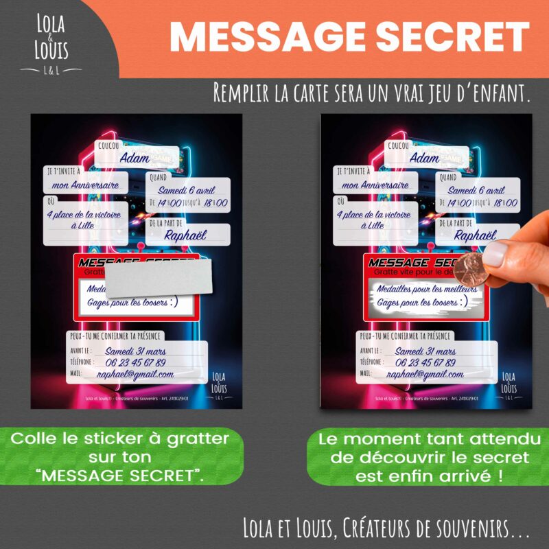 Carte invitation jeux vidéo à gratter – Lola & Louis - Message Secret à Grattter