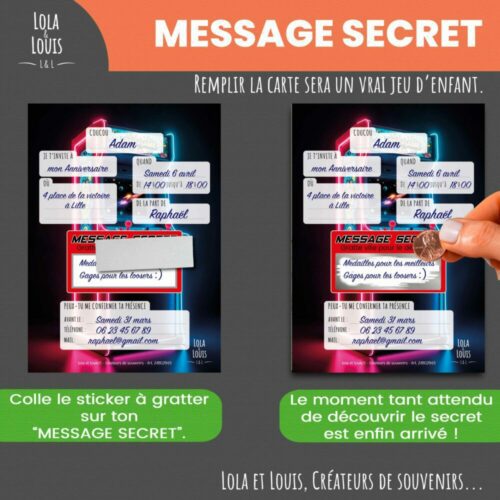Carte invitation jeux vidéo à gratter – Lola & Louis - Message Secret à Grattter