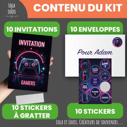 Carte invitation jeux vidéo à gratter – Lola & Louis - Contenu du kit