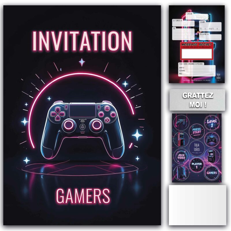 Carte invitation jeux vidéo à gratter – Lola & Louis
