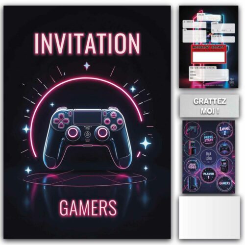 Carte invitation jeux vidéo à gratter – Lola & Louis