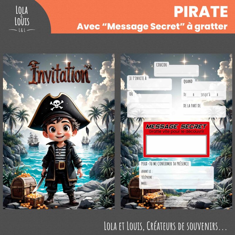 Carte invitation pirate à gratter – Lola & Louis - Recto Verso