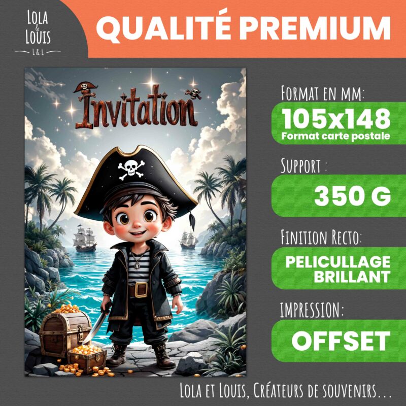 Carte invitation pirate à gratter – Lola & Louis - Recto