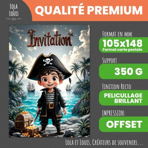 Carte invitation pirate à gratter – Lola & Louis - Recto