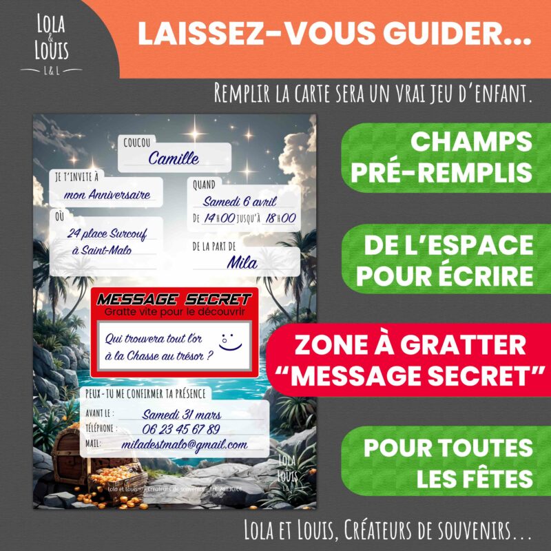 Carte invitation pirate à gratter – Lola & Louis - Verso