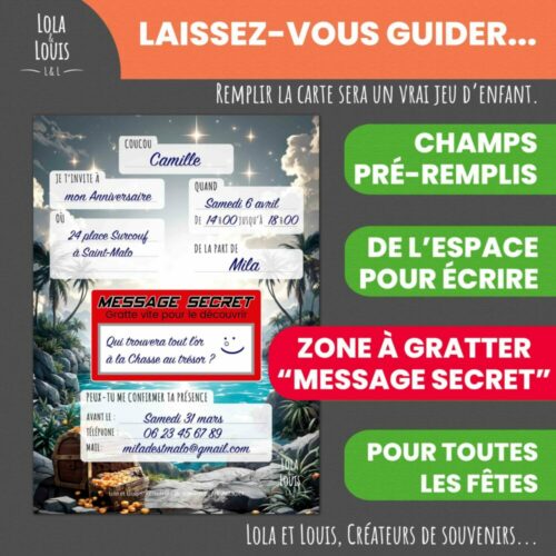 Carte invitation pirate à gratter – Lola & Louis - Verso