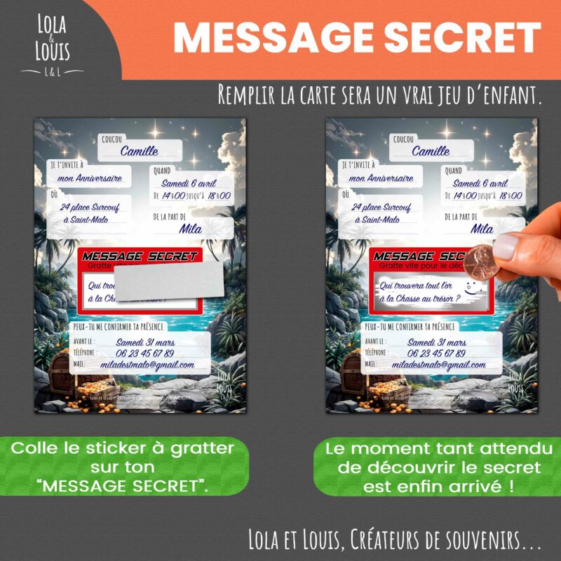 Carte invitation pirate à gratter – Lola & Louis - Message secret à Gratter