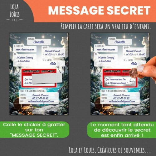 Carte invitation pirate à gratter – Lola & Louis - Message secret à Gratter